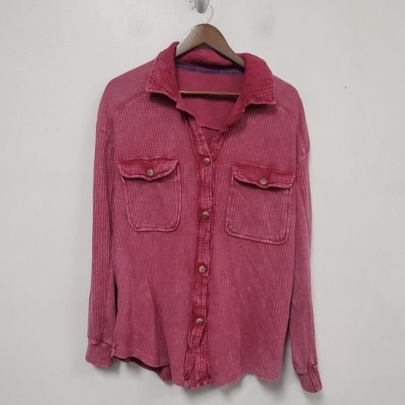 Tops - Pink Thermal Distressed Button Up Shirt Size 2XL Waffle Knit Bohemian Layer Fall